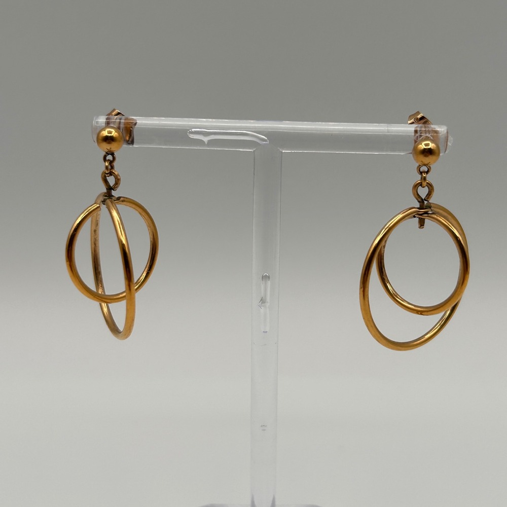 Gold Tone Double Hoop Orbital Drop Earrings Ball Stud Dangle Geometric Vintage